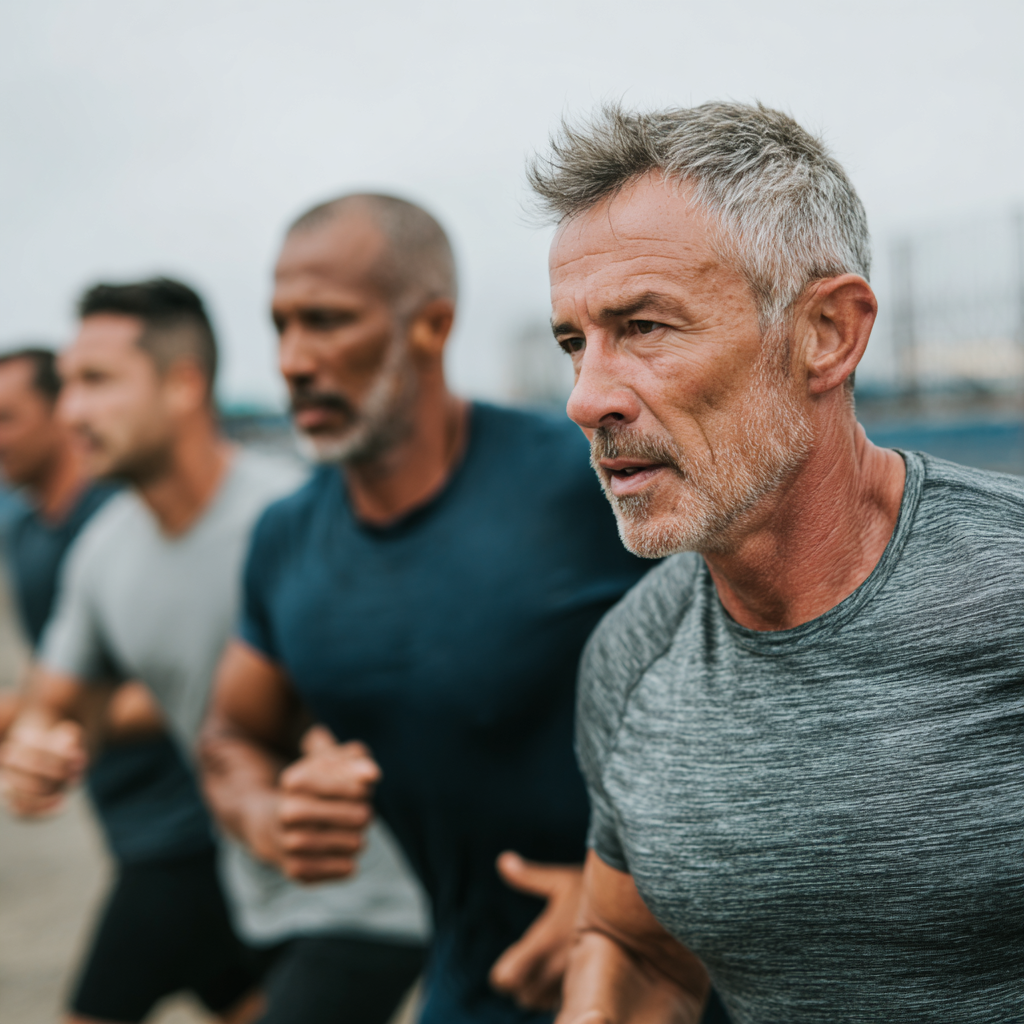 Group of middle-aged men engaged in outdoor fitness activities and team building exercises