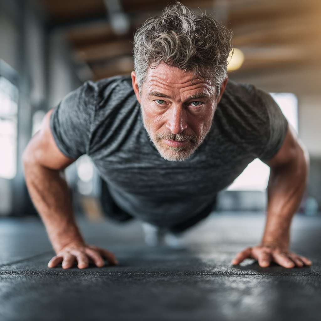 Mature man demonstrating focused strength training and mindful movement practices