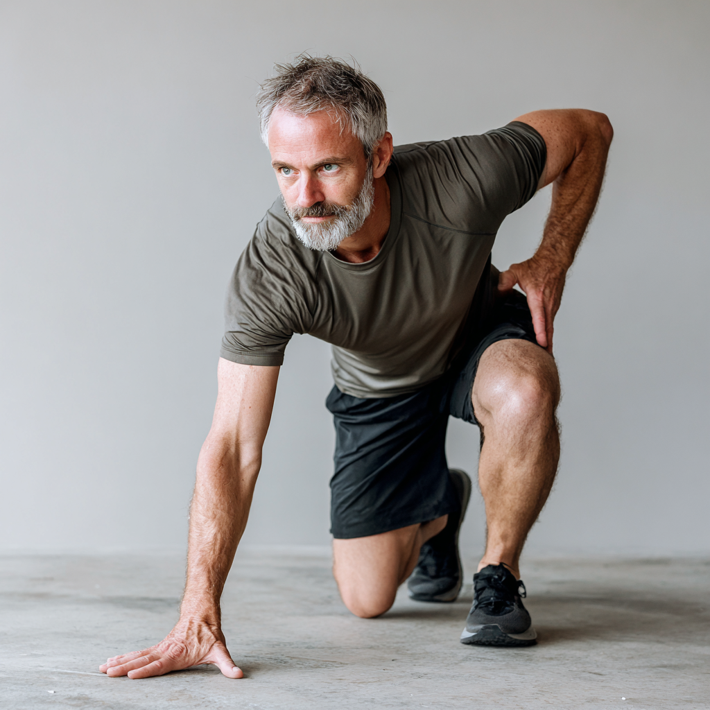 Middle-aged man demonstrating functional movement patterns and core stability exercises